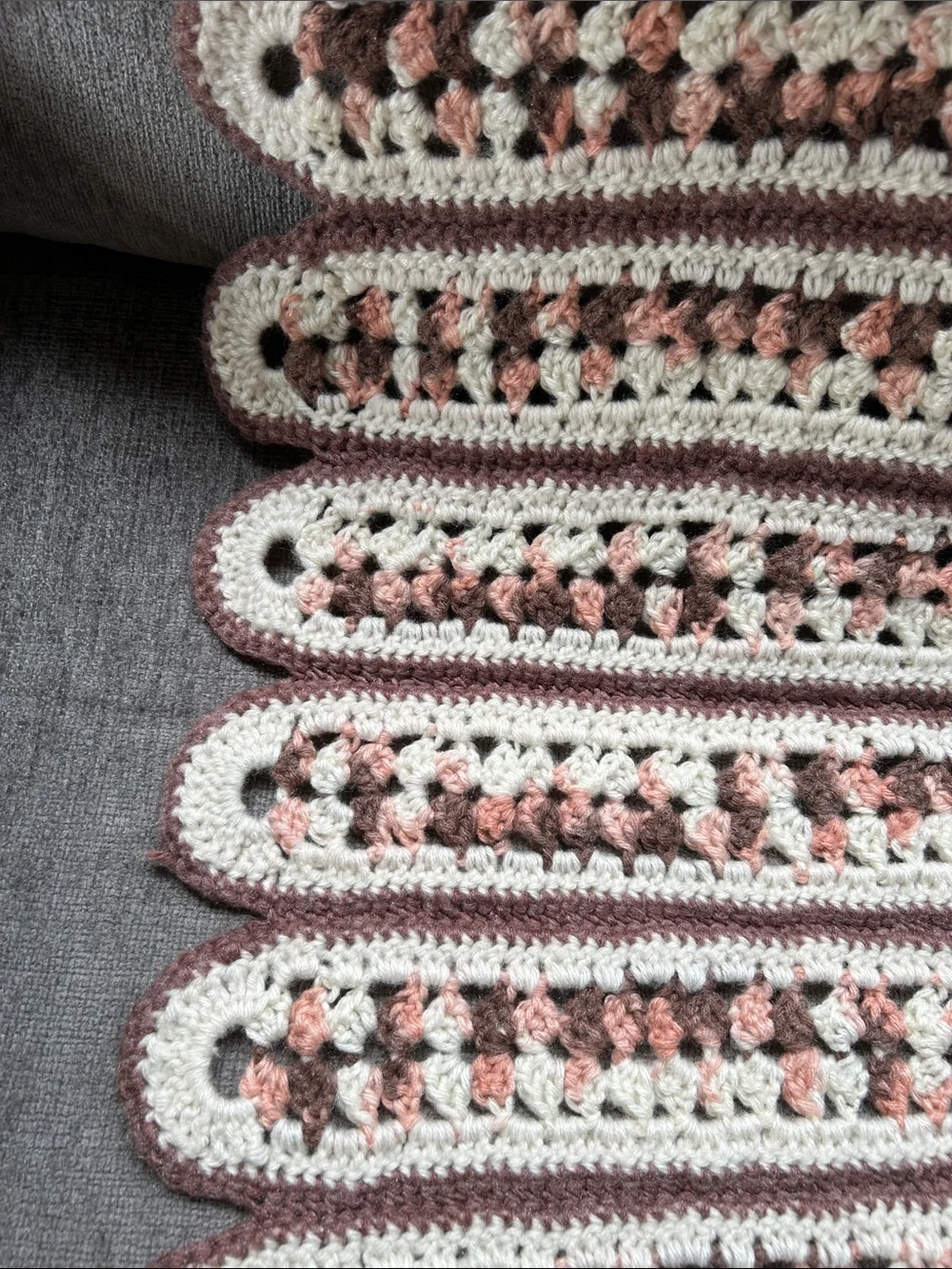 Handmade Crochet Mile-A-Minute Throw Blanket in Taupe, Cream and Blush